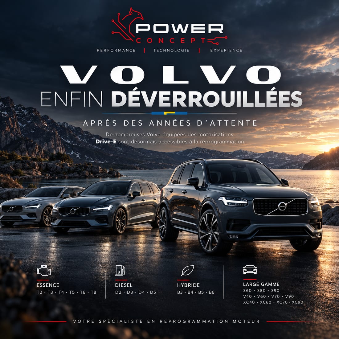 Volvo V90, V60 et XC90 devant un fjord, avec les motorisations Drive-E concernées : essence T2 à T8, diesel D2 à D5, hybride B3 à B6