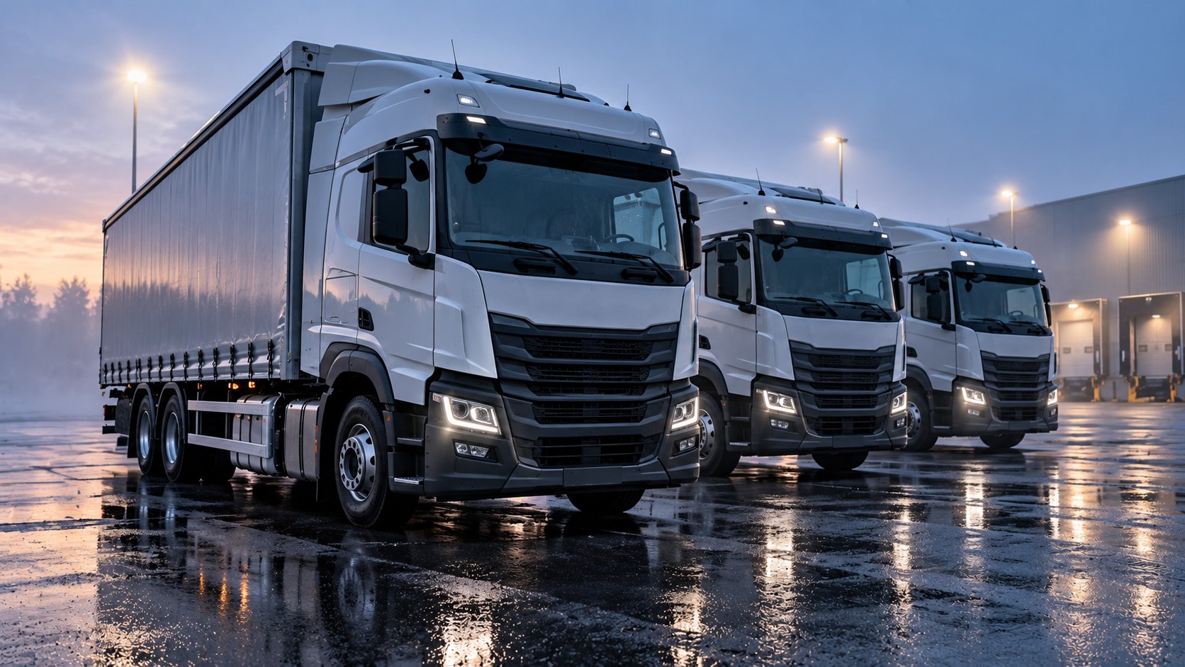 Trois camions porteurs alignés sur le parking d'un dépôt de transport, au petit matin.